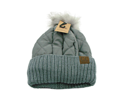 C.C Womens Gray Quilted Puffer Lined Kitted Faux Fur Pom Pom Beanie Hat One Size - £17.73 GBP