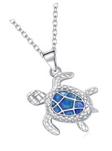 Blue Opal Turtle Pendant Necklace Austrian Crystal - $66.10