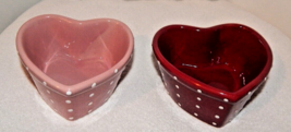 2 Heart Shaped Creme Brulee Ramekins Pink &amp; Red with polka dots Valentin... - £10.08 GBP