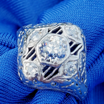 Earth mined Diamond 1 ct Deco Engagement Ring Antique Vintage Platinum Solitaire - $10,300.33 CAD