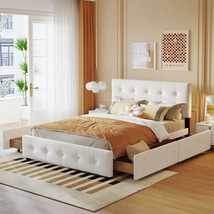 Upholstered Platform Bed with Classic Headboard and 4 Drawers Queen Size - £316.24 GBP