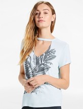 Lucky Brand Womens Choker Tee Large Gray Scale Floral Top Cuffed Sleeves - £15.79 GBP