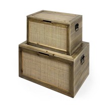 Set Of Two Brown and Natural Wood And Cane Storage Boxes - $336.49