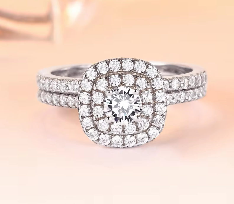 Genuine 925 Sterling Silver Cushion Cut Double Band Ring Set