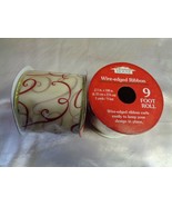Wire-Edged Ribbon (new) 2.5&quot; x 9&#39; Christmas Scrolls/Red on White - £6.15 GBP