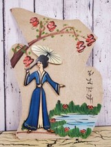 Vtg Japanese Asian Hand Painted Wood Art Wall Hanging Plaque Far East So... - $29.02