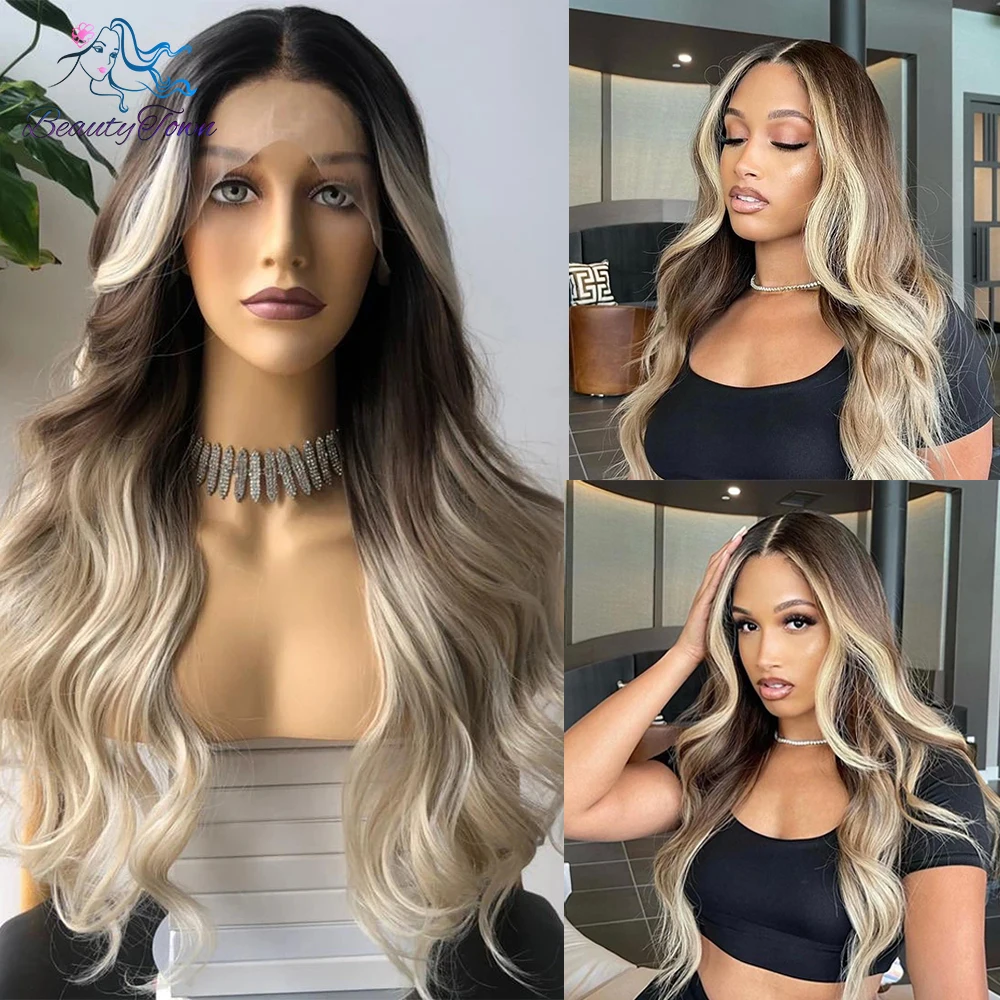 Grey Blonde 13x3 Synthetic Lace Front Wig Ombre Brown Blonde Body Wave Wigs f - £56.91 GBP+