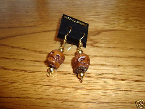 Skull head wooden hand carved earrings  NEW Goth wood unique - $2.05