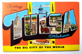 Greetings From Tulsa Oklahoma Large Big Letter Linen Postcard Kropp Oil City - £7.61 GBP