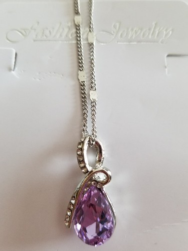 Fashion Jewelry ~ Silver-Tone ~ Teardrop Design with a Purple Crystal ~ Necklace Item image 2