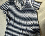 Lucky Brand Sz Large Striped Tee V Neck Tee Short Sleeve Blue and White - £14.82 GBP