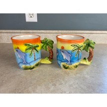 Jarra Relieve Tropical Pottery Palm Tree Handle Mugs Set Of Two - £6.30 GBP