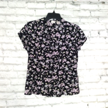 Covington Top Womens Small Black Floral Short Sleeve Button Up Gathered Back 90s - £15.71 GBP