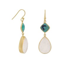 14K Yellow Gold Over Drop Earrings with Stabilized Square Turquoise &amp; Pear Druzy - £116.82 GBP
