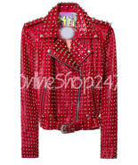 New Woman Red Punk Full Silver Spiked Studded Brando Unique Biker Leathe... - £204.51 GBP