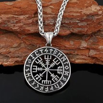 Mens Norse Viking Rune Vegvisir Compass Pendant Necklace Braided Chain 24&quot; Gift - £9.47 GBP
