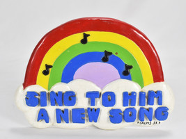 Vintage Sing To Him a New Song Ceramic Psalms Rainbow Plaque Sign - £26.10 GBP