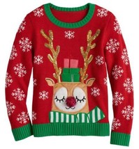 Girls Sweater Christmas It&#39;s Our Time Red Reindeer Long Sleeve Crew $40-sz XL 18 - £15.31 GBP