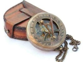 Antique Nautical Sundial Compass brass and Chain Pocket Locket Leather Case gift - £34.37 GBP
