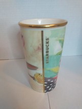 Starbucks 2014 Watercolor Floral 10 oz Ceramic Tumbler Gold Rim Missing Lid - £9.48 GBP