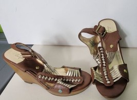 Curfew Womens Wedge Sandals Brown &amp; Gold Size 7m Straps Tuscan - £21.59 GBP
