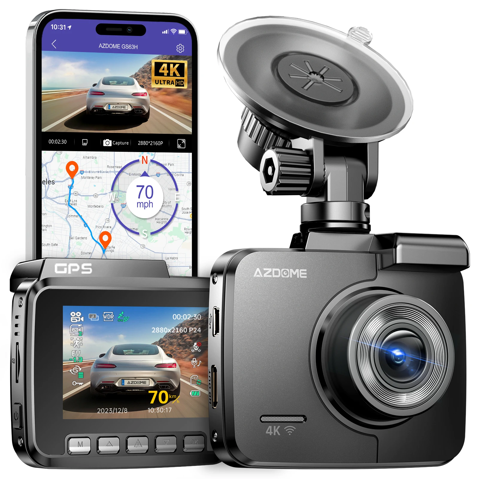 Azdome Dashcam GS63H Dual Lens 4K Car Camera Built-In Gps Wi-Fi Front And Rear - £77.43 GBP