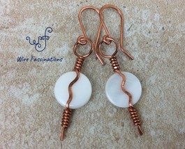 Handmade mother of pearl earrings: copper wire wrapped coil wavy line design - £17.52 GBP