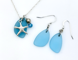 Vtg Sterling Silver 925 MSCO Aqua Blue Sea Glass Starfish Necklace Earri... - $34.65
