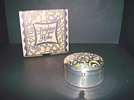 NEW Brighton Skribbel Art Round Trinket Box Yellow Ceramic Silver Tone NOS Vtg - £34.77 GBP