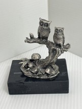 Pewter Silver Plated Owls Figurine  Perched on a Tree Branch Marble Base... - $13.55