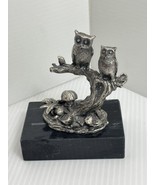 Pewter Silver Plated Owls Figurine  Perched on a Tree Branch Marble Base... - £10.65 GBP