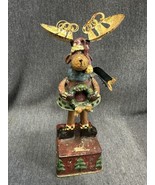 Christmas Tin Moose statue holding Wreath 9” Tall - $5.94