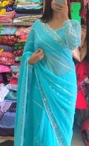 Light Blue Georgette Saree with Designer Blouse , zari sequins work, saree for w - £60.47 GBP