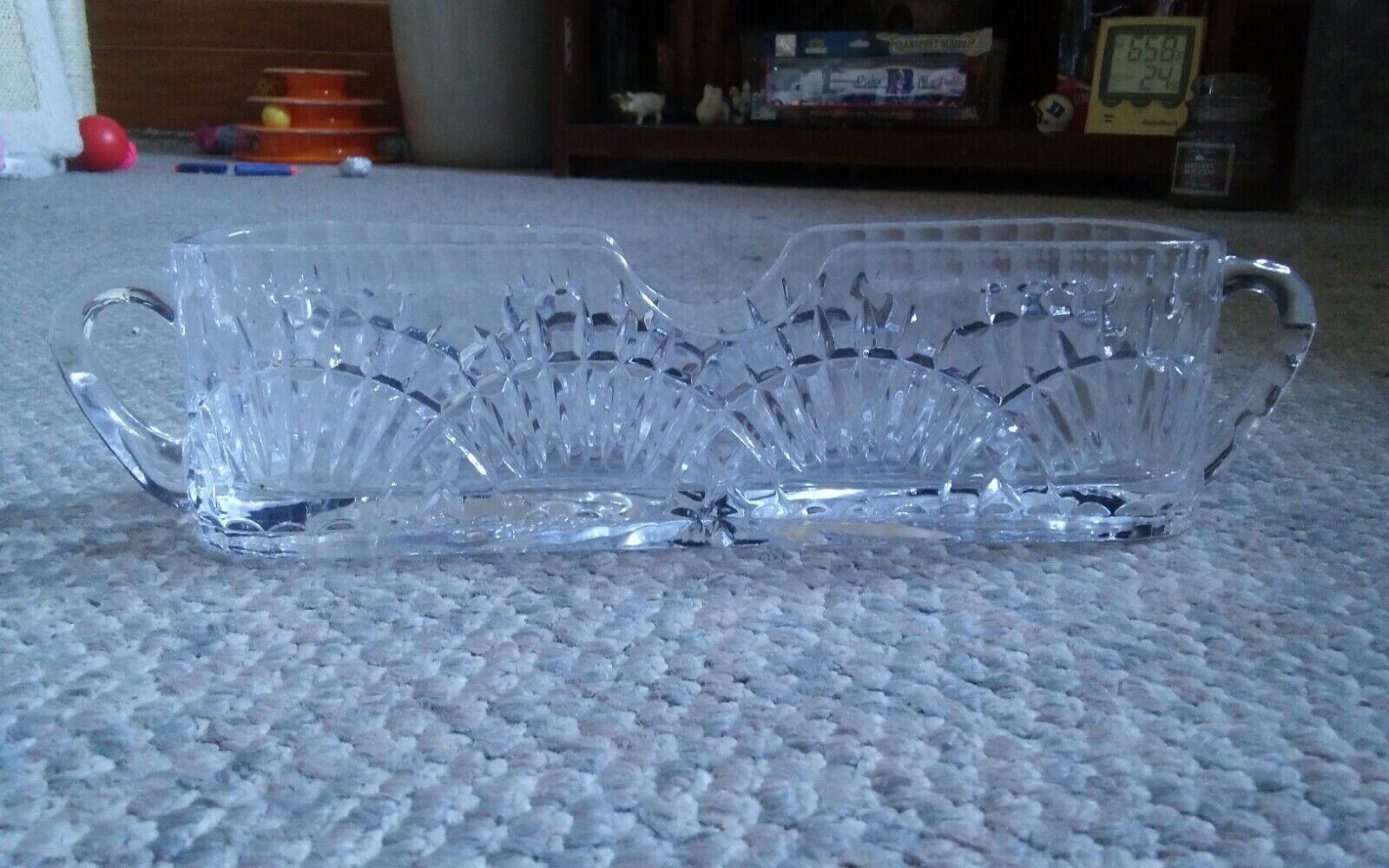 VTG Clear Glass Long Narrow 2 Handle Serving Dish Middle Hald Moon Area - $42.99