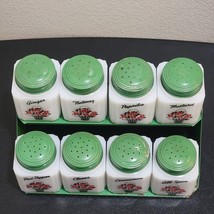 Vintage Tipp USA Spice Jars Milk Glass Green Metal Lids Flowers Set Of 8 w/ Rack - £150.52 GBP