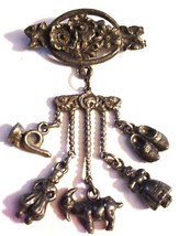 Vintage Chatelaine Pin Brooch w/ 5 Appendages Dutch Man Woman Goat Shoes Charms - £37.16 GBP