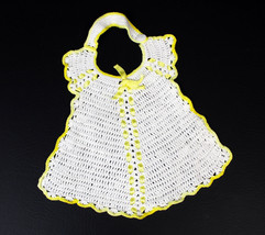 Vintage Hand Knit Baby Bib Girls Frilly Yellow Trim and Ribbon Great for Doll - £14.01 GBP