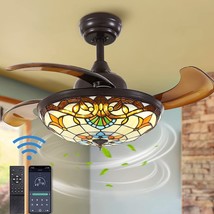 36&quot; Stained Invisible Ceiling Fan Fandelier With Lights 3 Colors/6 Speeds Fan - £224.88 GBP