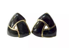 Vtg 80s Monet Black Enamel /SHINY Gold Tone Triangle Love Knot Pierced Earrings - £6.76 GBP