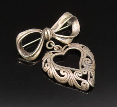 925 Silver - Vintage Dainty Bow Tie Dangle Scroll Love Heart Brooch Pin - BP9759 - £32.44 GBP