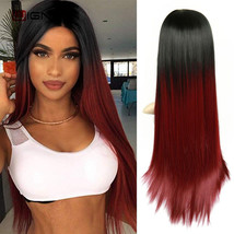 Black to Red Long Straight Synthetic Wig Ombre Hair For Women Middle Par... - $48.99