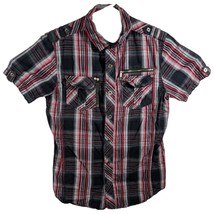 Western Red Plaid Rebel Soul Shirt Medium Black Button Up Short Sleeve Mens - £12.58 GBP