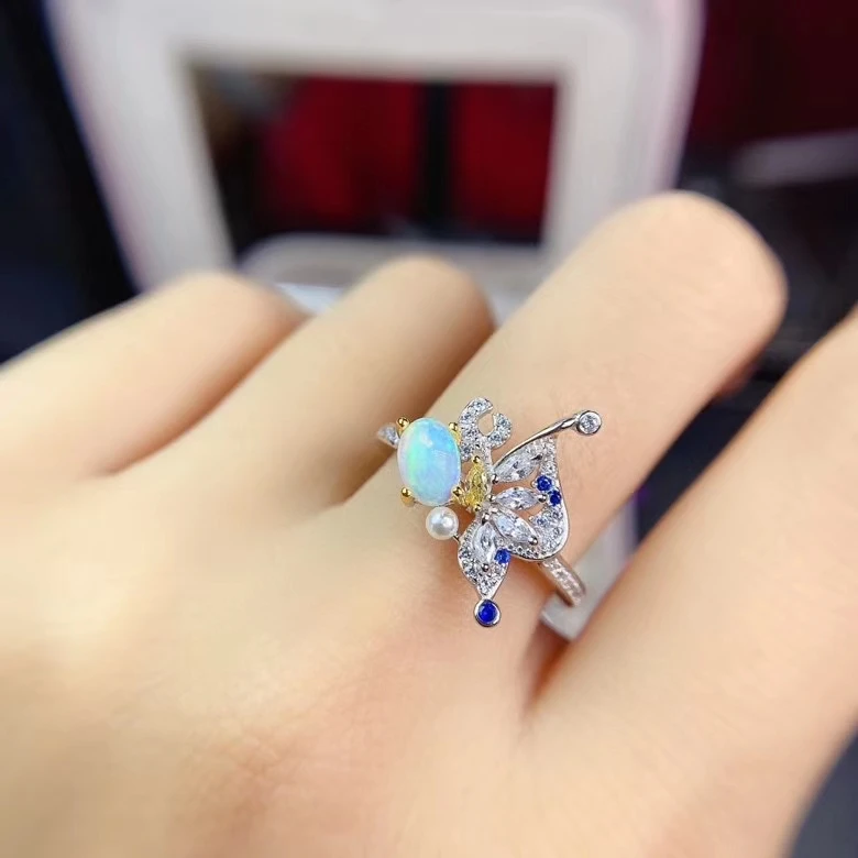 fine jewelry 925 sterling silver inlaid natural opal Popular Butterfly Girl ring - £192.14 GBP