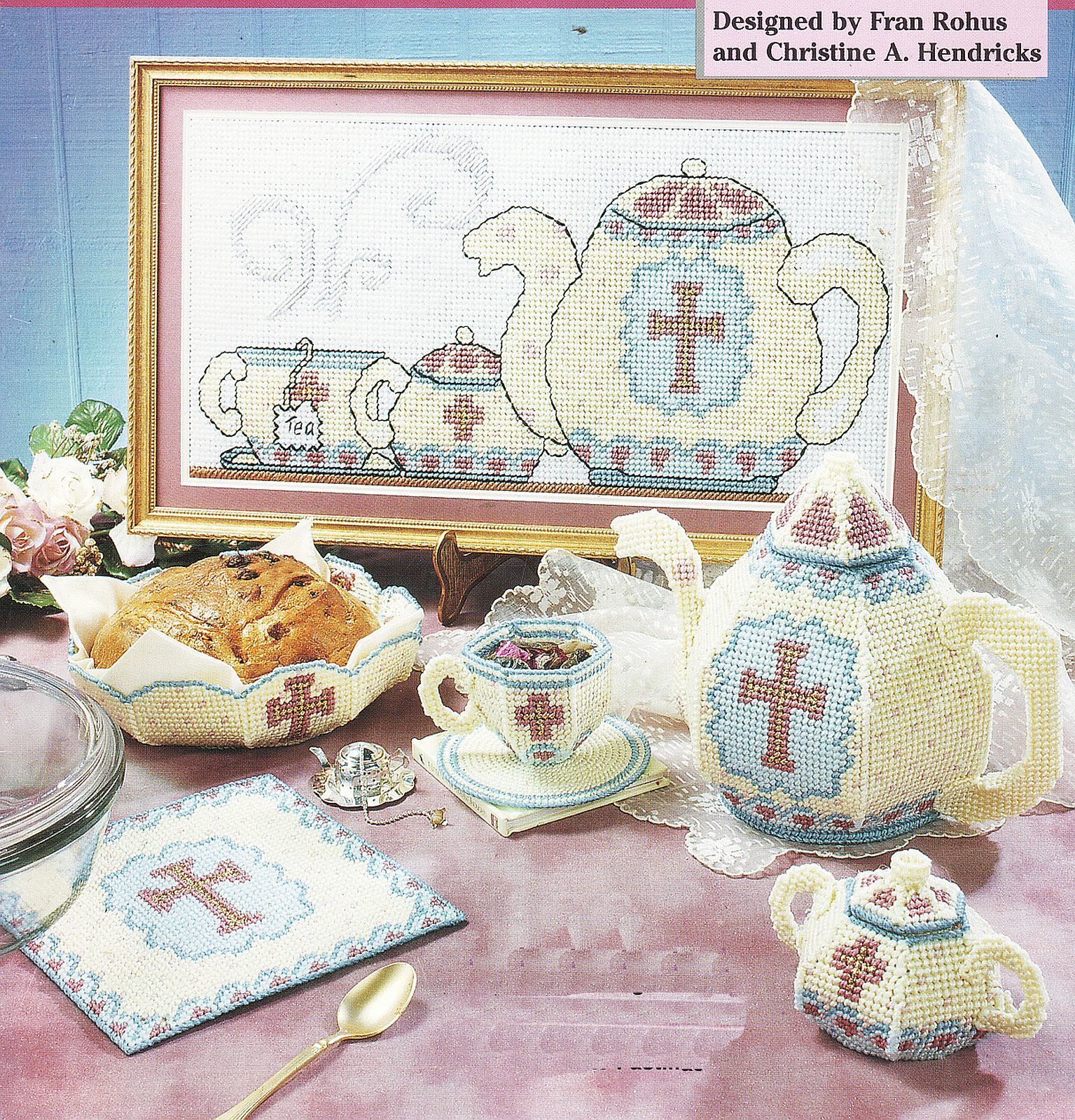 Plastic Canvas Serenity Tea Set Teapot Sugar Bowl Teacup Saucer Trivet Patterns - $13.99