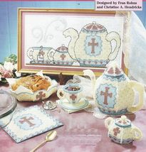 Plastic Canvas Serenity Tea Set Teapot Sugar Bowl Teacup Saucer Trivet P... - $13.99
