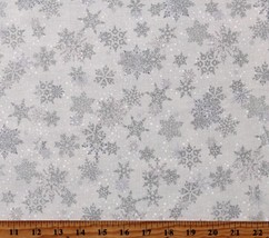Cotton Metallic Silver Snowflakes on White Winter Fabric Print by Yard D400.55 - £11.82 GBP