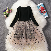 Full Sleeve Dress for Girls Clothing Cotton Pentagram Pattern Mesh Tutu Dress - £13.05 GBP