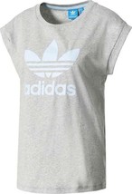 Adidas Boyfriend Roll-Up Tee Grey Heather Top Trefoil Cotton Shirt BJ8277 ( S ) - £58.55 GBP