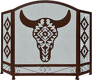 3-Panel Fireplace Screen Decorative With Southwest Tribal Bull Skull Des... - $213.99