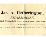 Jas A Hetherington Pharmacists Envelope 42nd St  Vanderbilt Ave New York... - $13.86
